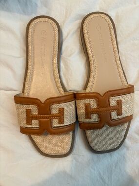 Wild Diva Tan & Natural Raffia Slip-On Sandals